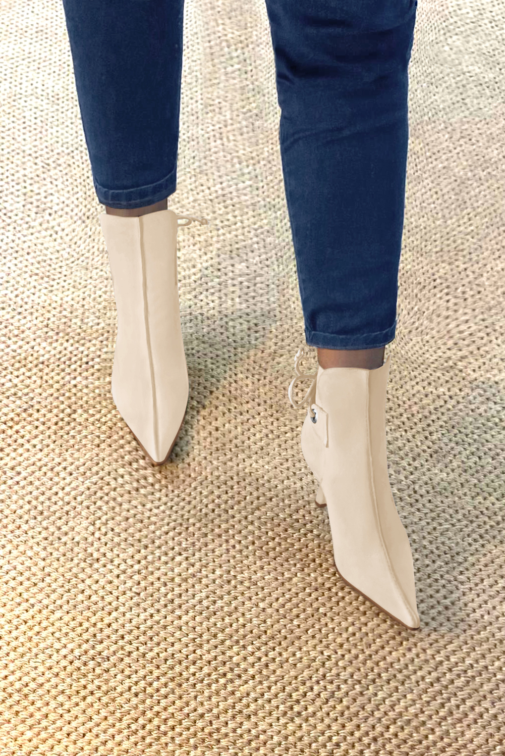 Champagne beige women's ankle boots with laces at the back. Pointed toe. High slim heel. Worn view - Florence KOOIJMAN